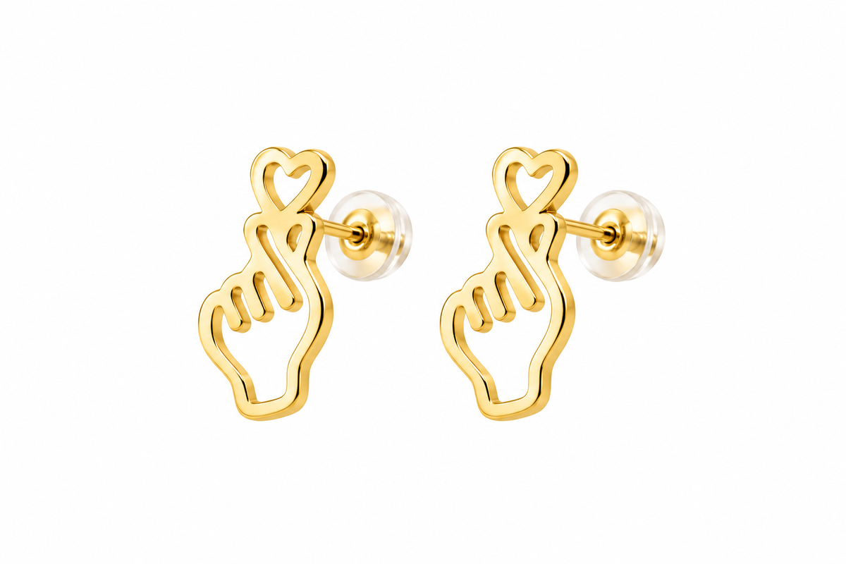 A pair of gold-toned stud earrings shaped like a hand forming a heart with the fingers, shown on a plain white background.