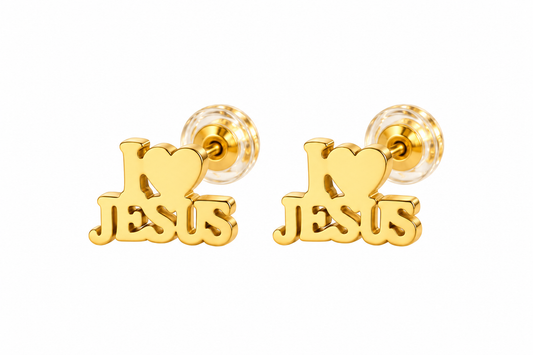 A pair of gold stud earrings featuring the text 'I <heart> JESUS' with a heart symbol, shown on a plain white background.