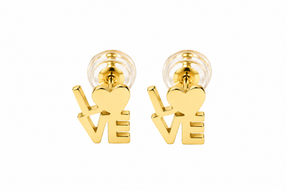 A pair of gold-tone stud earrings shaped like the word LOVE, with a heart symbol replacing the O, shown on a plain white background.