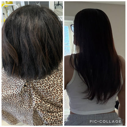 Before-and-after comparison of a woman's long dark hair results after using OHRIGEN hair oil, showing frizzy, short-length hair on the left and smooth, straight, longer hair on the right