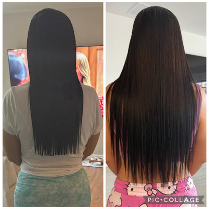 A side-by-side before-and-after comparison of a woman's long, straight black hair results after using OHRIGEN hair oil. The left panel shows the hair with a slightly frayed, cut-off ends look, while the right panel shows the hair styled and smoothed with sleek, straight strands.