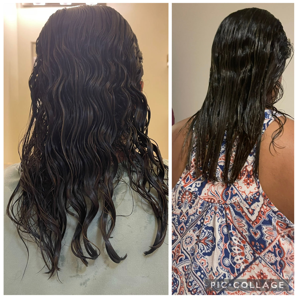 A side-by-side comparison of a person's long, dark brown to black wavy hair results after using OHRIGEN hair oil, shown from the back. The left panel shows the hair in a wet, curled state, and the right panel shows it in a dry, straightened state.