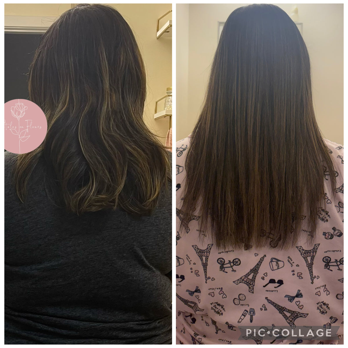Before-and-after split comparison of a woman's hair results after using OHRIGEN hair oil, showing a wavy, layered brown hairstyle on the left and straightened, smoother brown hair on the right