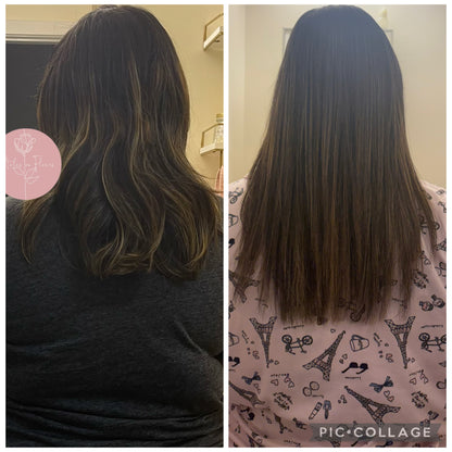 Before-and-after split comparison of a woman's hair results after using OHRIGEN hair oil, showing a wavy, layered brown hairstyle on the left and straightened, smoother brown hair on the right