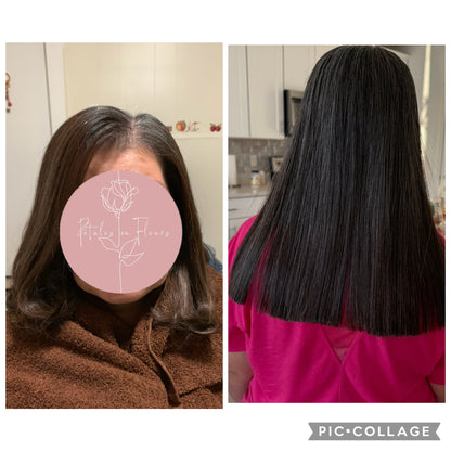 Before-and-after split-screen comparison of a woman's hair results after using OHRIGEN hair oil, showing dry, frizzy brown hair on the left and smooth, shiny, straight black hair on the right. The woman's face is obscured on the left with a pink circle containing the text 'Petales en  Fleurs'.