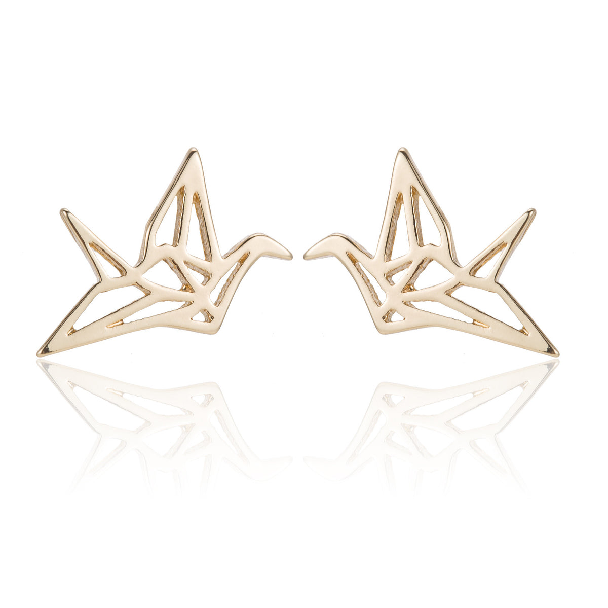A pair of gold-toned geometric stud earrings shaped like stylized cranes, displayed on a clean white background with a soft reflection below.