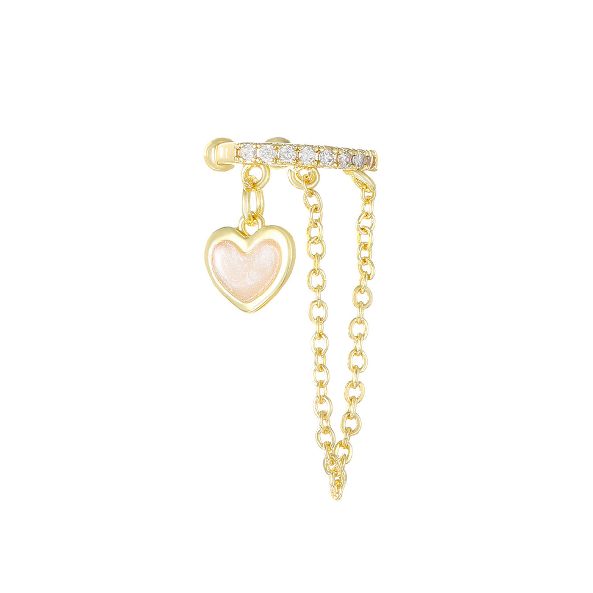 Gold earring with a heart-shaped pink gem and chain on a white background