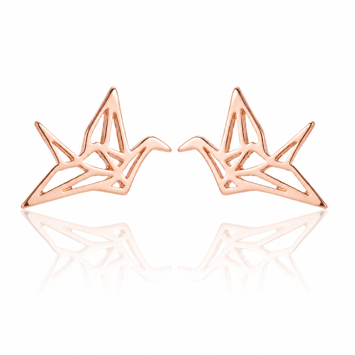 A pair of rose gold geometric stud earrings shaped like stylized cranes, displayed on a clean white background with a soft reflection below.