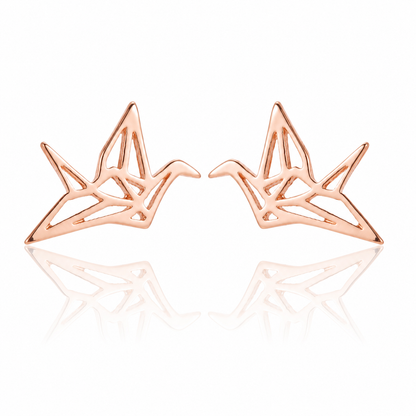 A pair of rose gold geometric stud earrings shaped like stylized cranes, displayed on a clean white background with a soft reflection below.