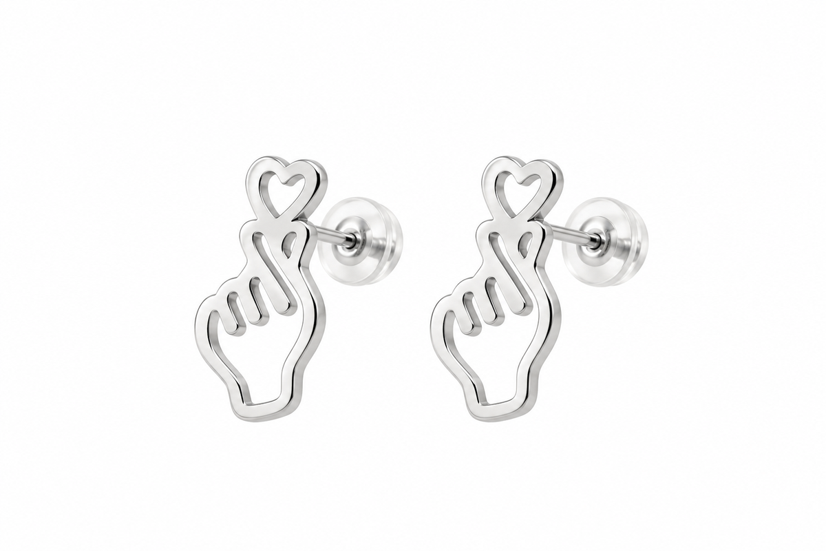 A pair of silver stud earrings featuring an open heart and hand gesture design, shown on a plain white background.