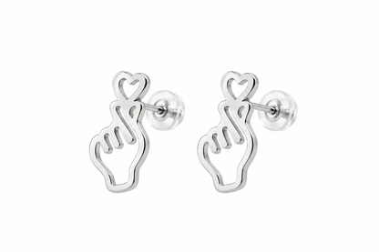 A pair of silver stud earrings featuring an open heart and hand gesture design, shown on a plain white background.