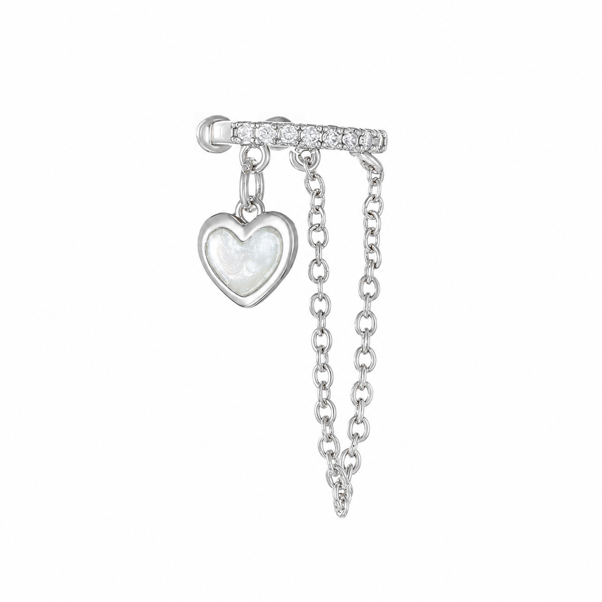 Silver-tone Heartstrings ear cuff with clear rhinestone accents, a pale iridescent heart-shaped charm, and draped chains on a white background.