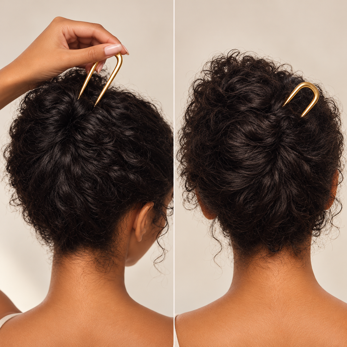 Before-and-after styling demonstration of the Simply Golden gold-tone hair fork securing a curly hair bun.
