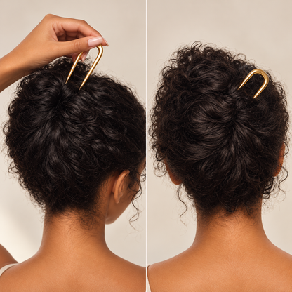 Before-and-after styling demonstration of the Simply Golden gold-tone hair fork securing a curly hair bun.